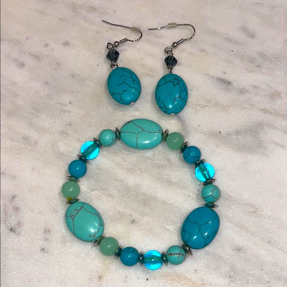 Turquoise Color Beaded Bracelet and Earring Set